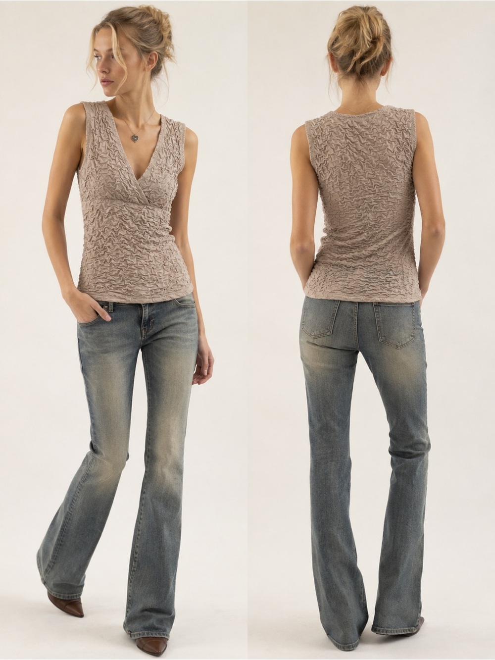 Renuar Y2K Minimalist Taupe Ruched Textured V-Neck Sleeveless Tank Small Petite